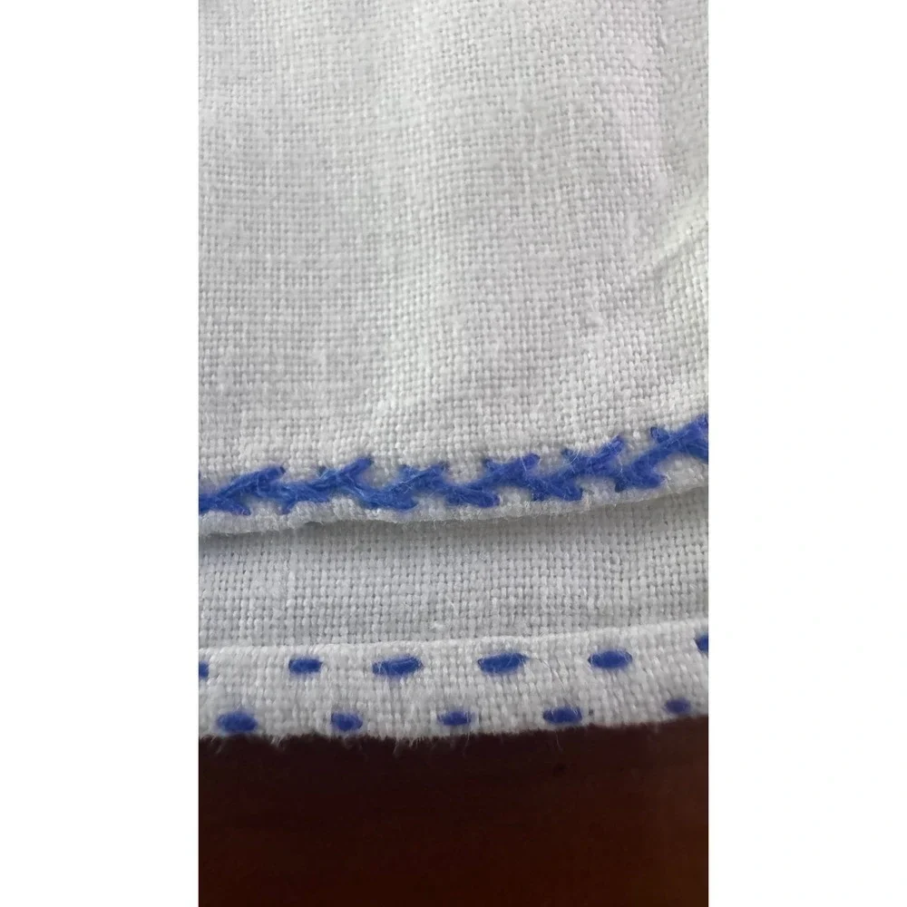 Vintage White Linen Napkins Blue Floral‎ Handmade Square Set of 2 15.5x15.5